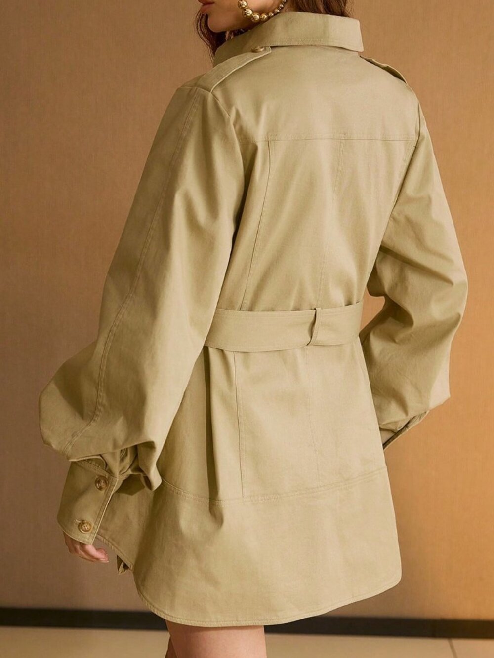 Khaki Casual Women's Oversized Pocket Cotton Trench Coat - Picture 3 of 7